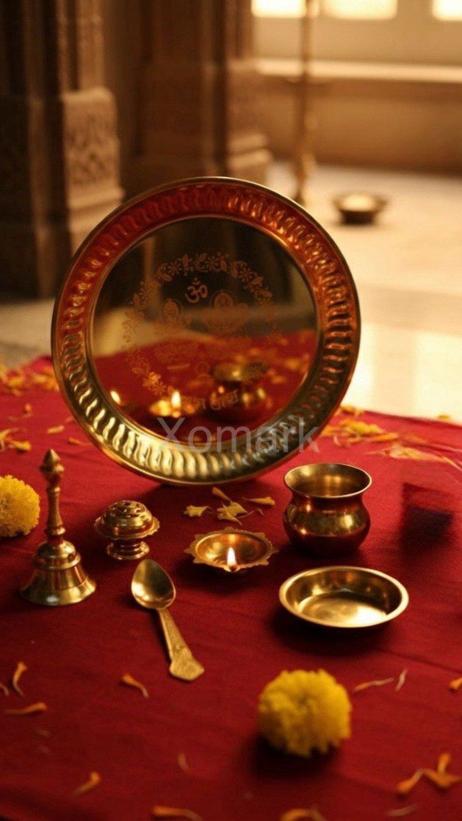 XOMARK Gold Plated Brass Pooja Thali Gifting set, 1 Bowl, 1 Agarbatti Stand, 1 Diya, 1 Spoon, Bell, 1 Kalash ReturnGift, karwa chauth, Wedding, Anniversary, Corporate gifts.