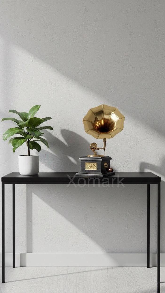 XOMARK Premium Sparkle Square Gramophone Showpiece – Vintage Silver Metal Home Decor Gift (23 cm)