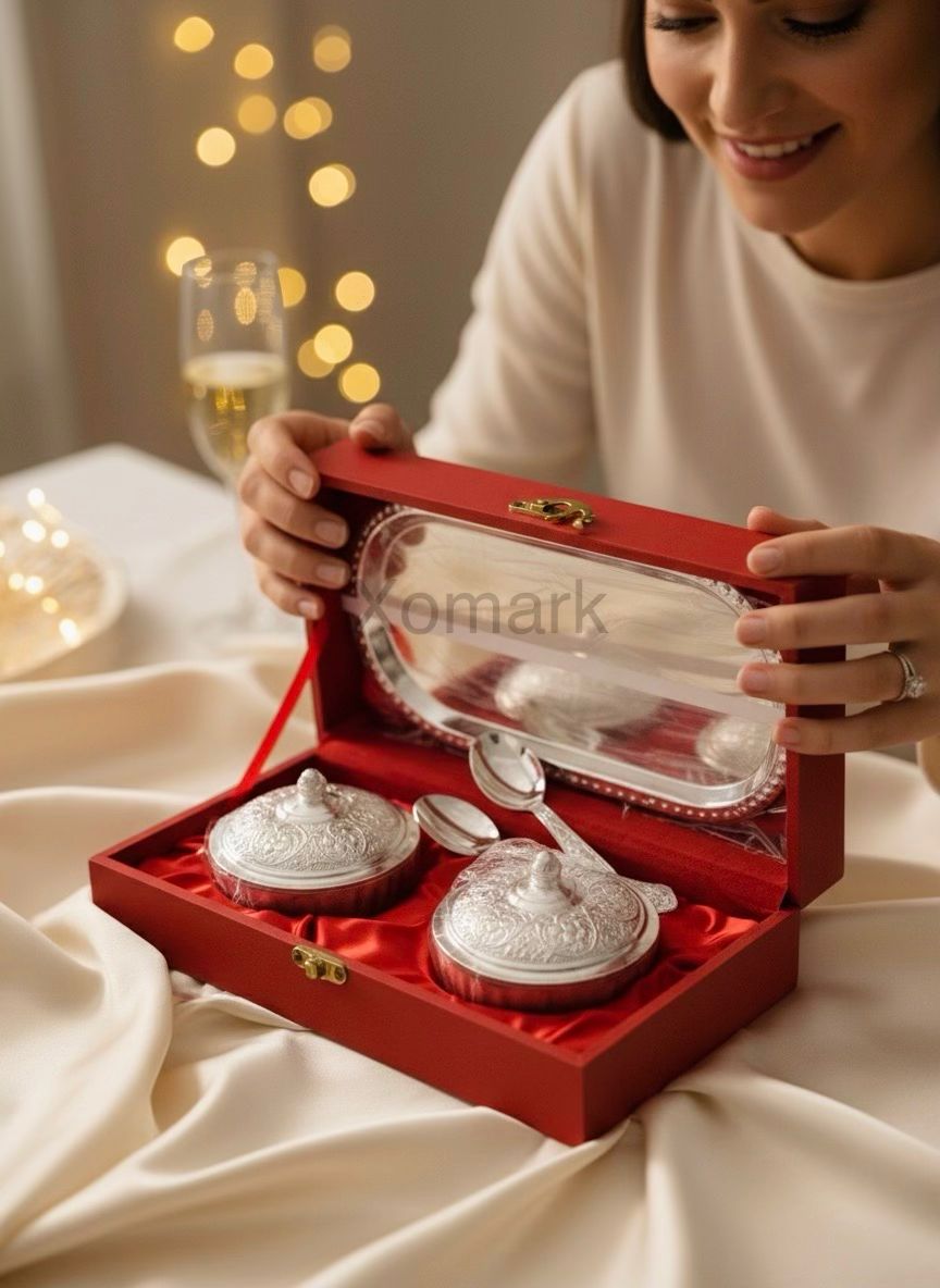 Silver Plated Bowl Set with Tray & Velvet Box | Pack of 5 | XOMARK Gift Item for Weddings, Diwali & Festive Occasions