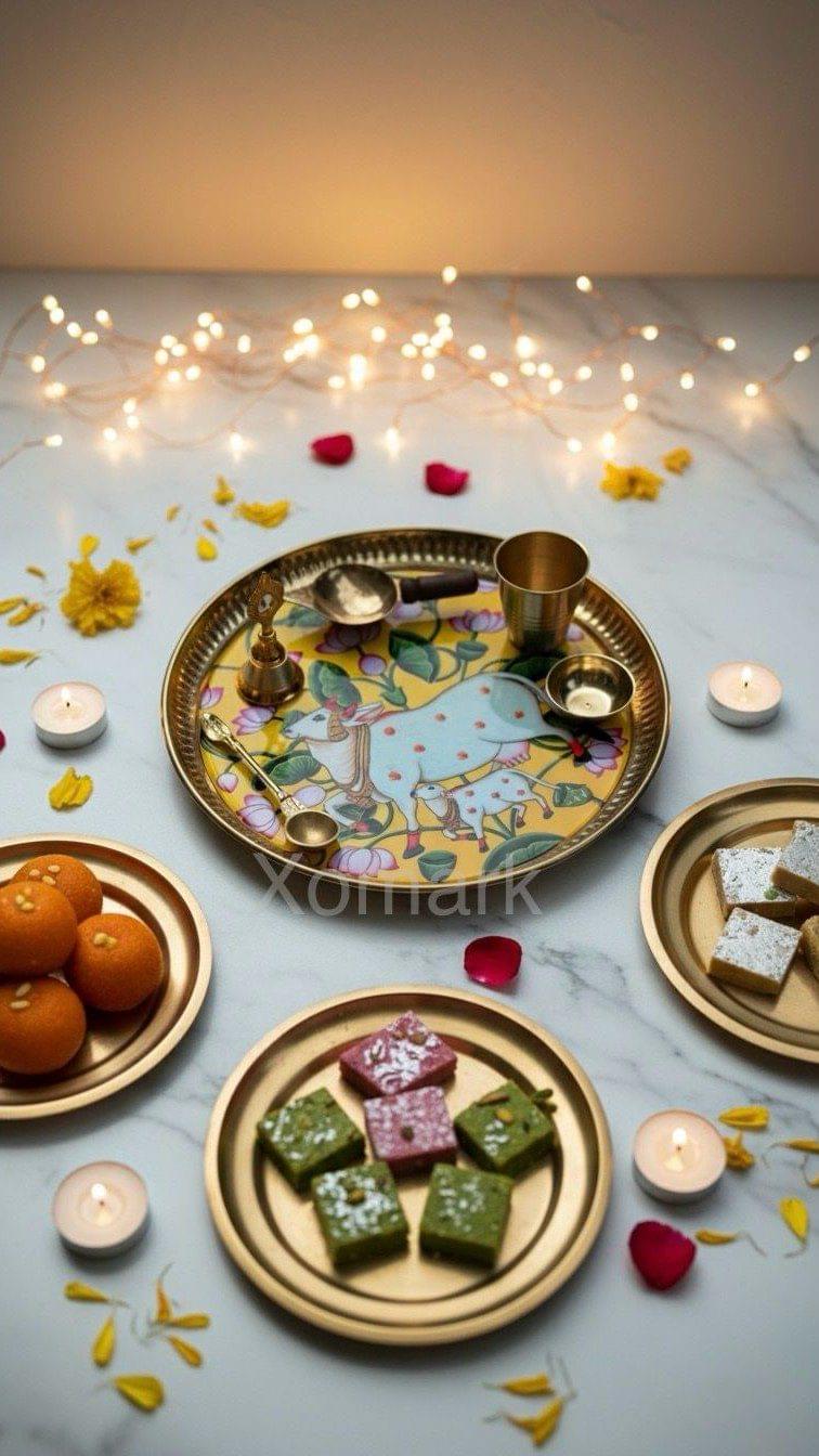 XOMARK Traditional Brass Pooja Thaali Set – 9 Inches (Pack of 6)